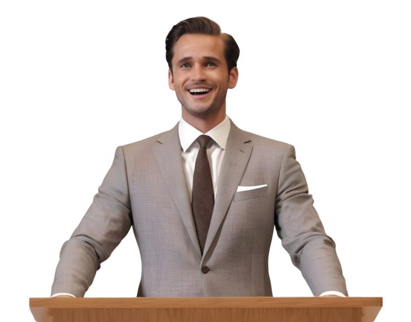 En man håller tal inför en publik. Han har hått igenom 8 steg för att bli en bättre talare.